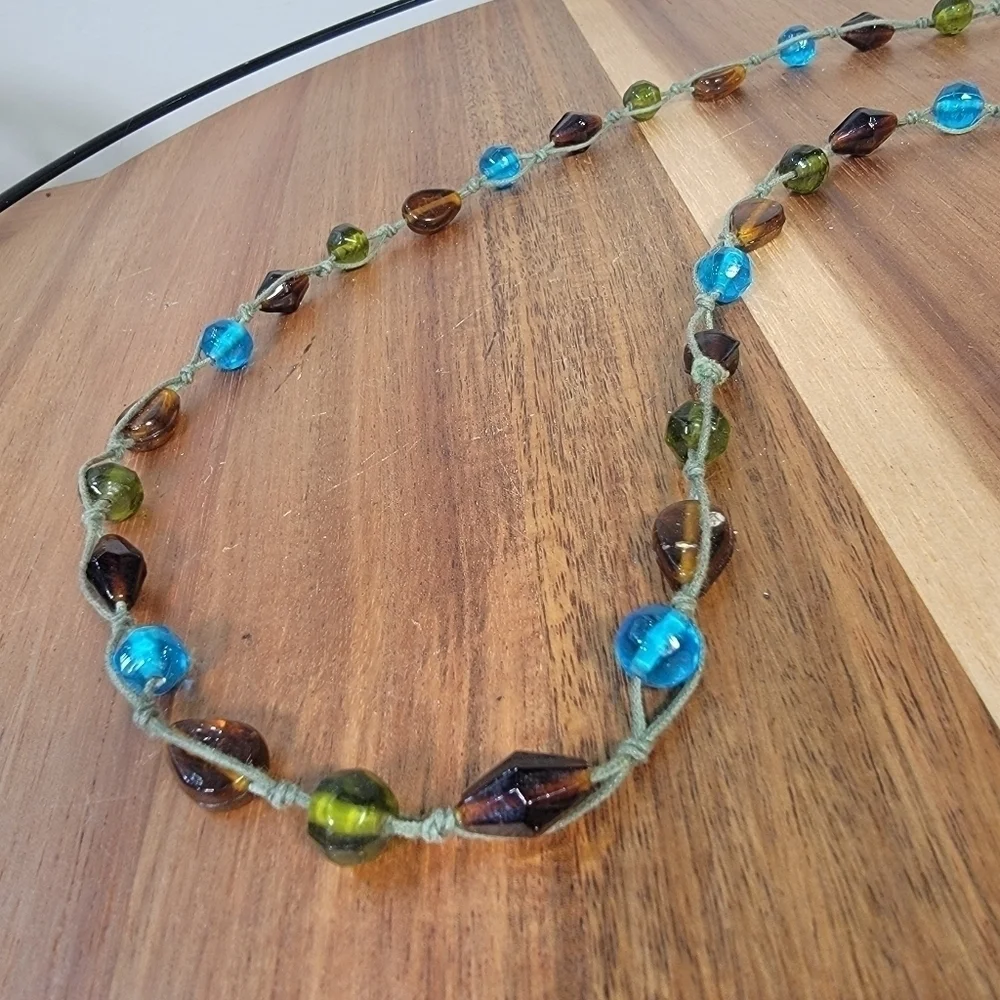 Long beaded Necklace Embroidered Strand Pull over Summer Brown Green Blue Aqua